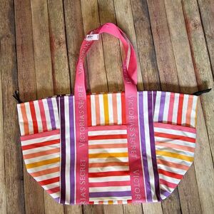 NWT Victoria's Secret Pink Stripe Weekender Tote Gym Travel Beach Zip Large Bag